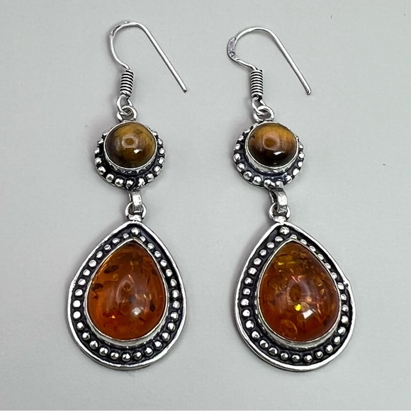 New Tigers Eye Gemstone with Sim Amber Silver Overlay Earrings - Picture 1 of 6